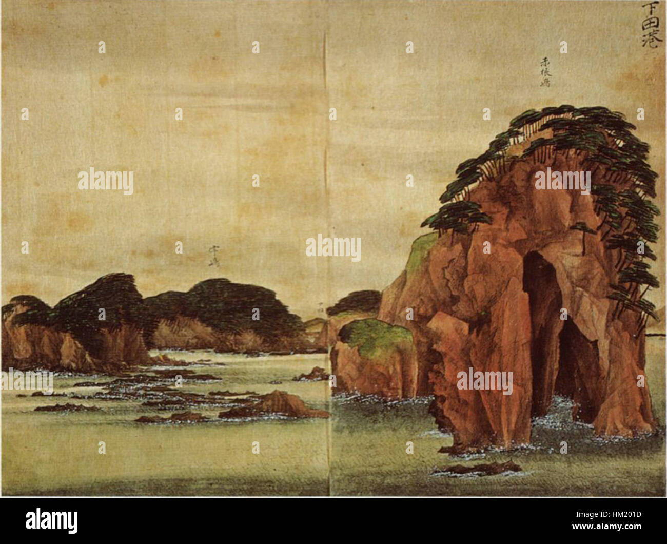 Tani Bunchos Gemälde „Koushotanshozu“ ist ein traditionelles japanisches Kunstwerk mit komplizierten Pinselarbeiten und lebhaften Farben, das eine ruhige Landschaft darstellt, die von japanischer Ästhetik und Natur inspiriert ist. Stockfoto
