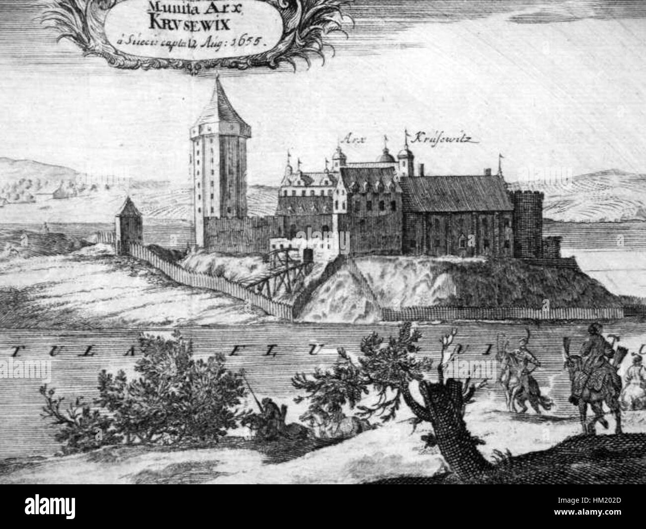 Kruszwica Zamek zeigt die Burg Kruszwica in Polen. Das Gemälde veranschaulicht die historische Bedeutung dieses mittelalterlichen Bauwerks, ein wichtiger Teil des polnischen Erbes. Stockfoto