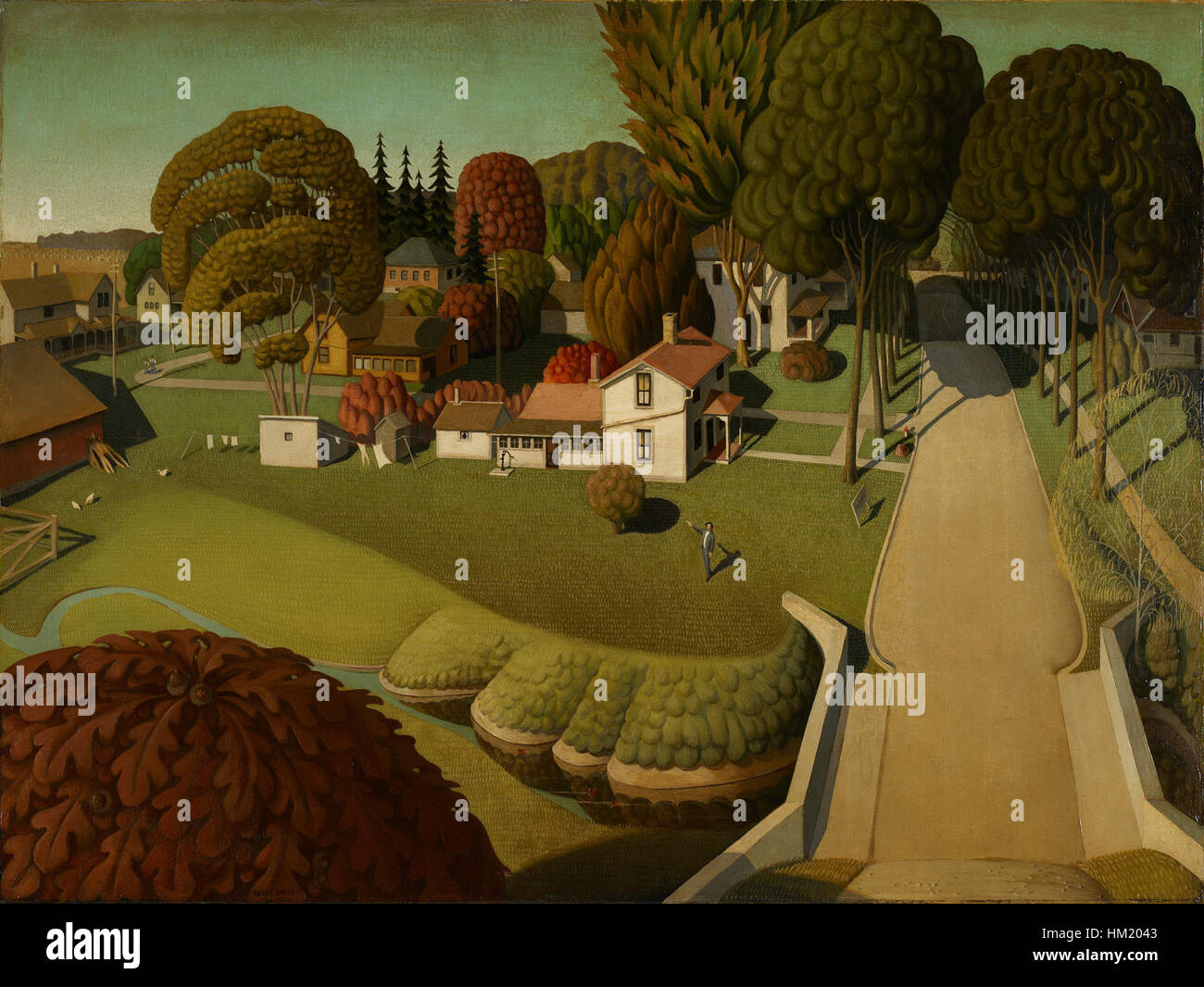 Dieses Gemälde von Grant Wood zeigt den Geburtsort von Herbert Hoover, dem 31. Präsidenten der Vereinigten Staaten, in West Branch, Iowa. Das Stück ist eine Darstellung des ländlichen Lebens in den USA, die sowohl historische Bedeutung als auch den unverwechselbaren Stil des Künstlers einnimmt. Das Kunstwerk ist Teil einer Sammlung, die Hoovers Erbe und Woods Beitrag zum amerikanischen Regionalismus ehrt. Stockfoto