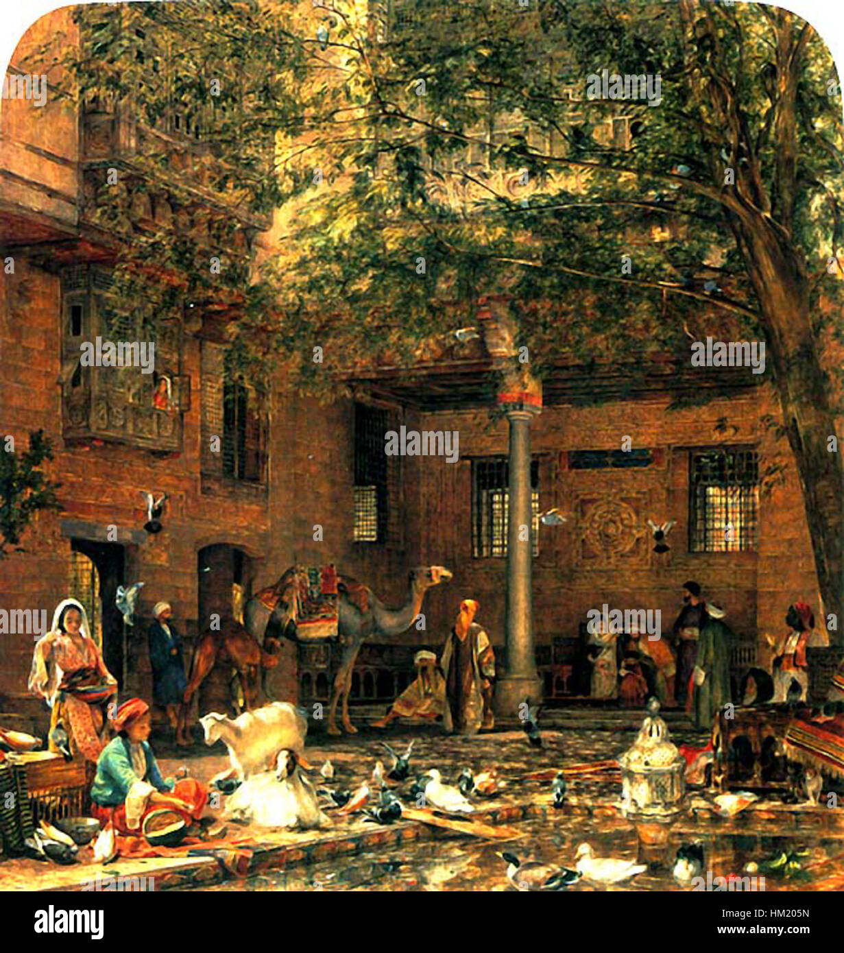 *The Hosh of the House of the Coptic Patriarchen* von John Frederick Lewis zeigt eine architektonische Szene eines koptischen christlichen Hauses in Kairo im 19. Jahrhundert. Das Kunstwerk fängt die Pracht und die komplizierten Details der koptischen Architektur und Kultur ein. Stockfoto