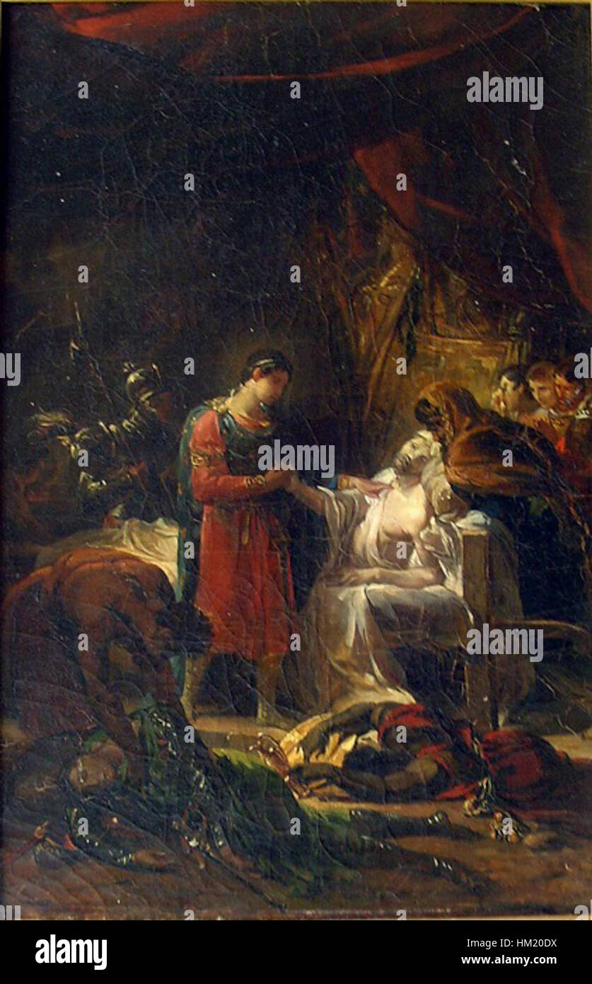 Dieses Gemälde von Guillaume Guillon-Lethière aus dem Jahr 1822 zeigt den Heiligen Louis, der die Opfer der Pest in den Ebenen von Karthago besucht. Das Werk reflektiert den historischen Moment mit emotionaler Tiefe und dem Fokus des Künstlers auf Mitgefühl in Krisenzeiten. Stockfoto