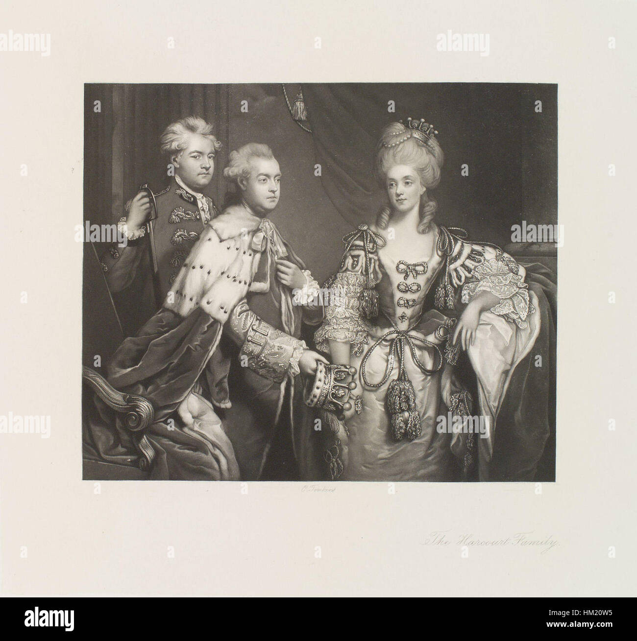 Das Porträt von Sir Joshua Reynolds zeigt William Harcourt, den 3. Earl Harcourt, zusammen mit seinem Bruder George Simon Harcourt, dem 2. Earl, und ihrer Mutter Elizabeth Vernon. Gräfin von Harcourt. Reynolds, bekannt für seine Fähigkeit, den Charakter seiner Untertanen einzufangen, schuf dieses Meisterwerk im 18. Jahrhundert, das aristokratische Abstammung und Eleganz zeigt. Stockfoto