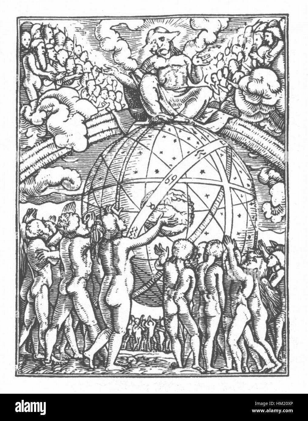 Eine Illustration aus Hans Holbeins „Danse Macabre“, die das mittelalterliche Konzept des Todentanzes darstellt. Dieses Kunstwerk zeigt Skelette und Figuren aus verschiedenen sozialen Schichten, die die Universalität des Todes in der menschlichen Erfahrung betonen. Stockfoto