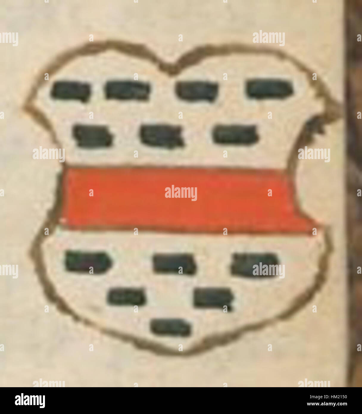 Dieses Kunstwerk zeigt ein heraldisches Design, das als Kratz Wappen bekannt ist und ein Familienwappen oder -Wappen zeigt. Heraldische Kunst wird verwendet, um Abstammung, Identität und Familiengeschichte durch symbolische Bilder darzustellen. Stockfoto