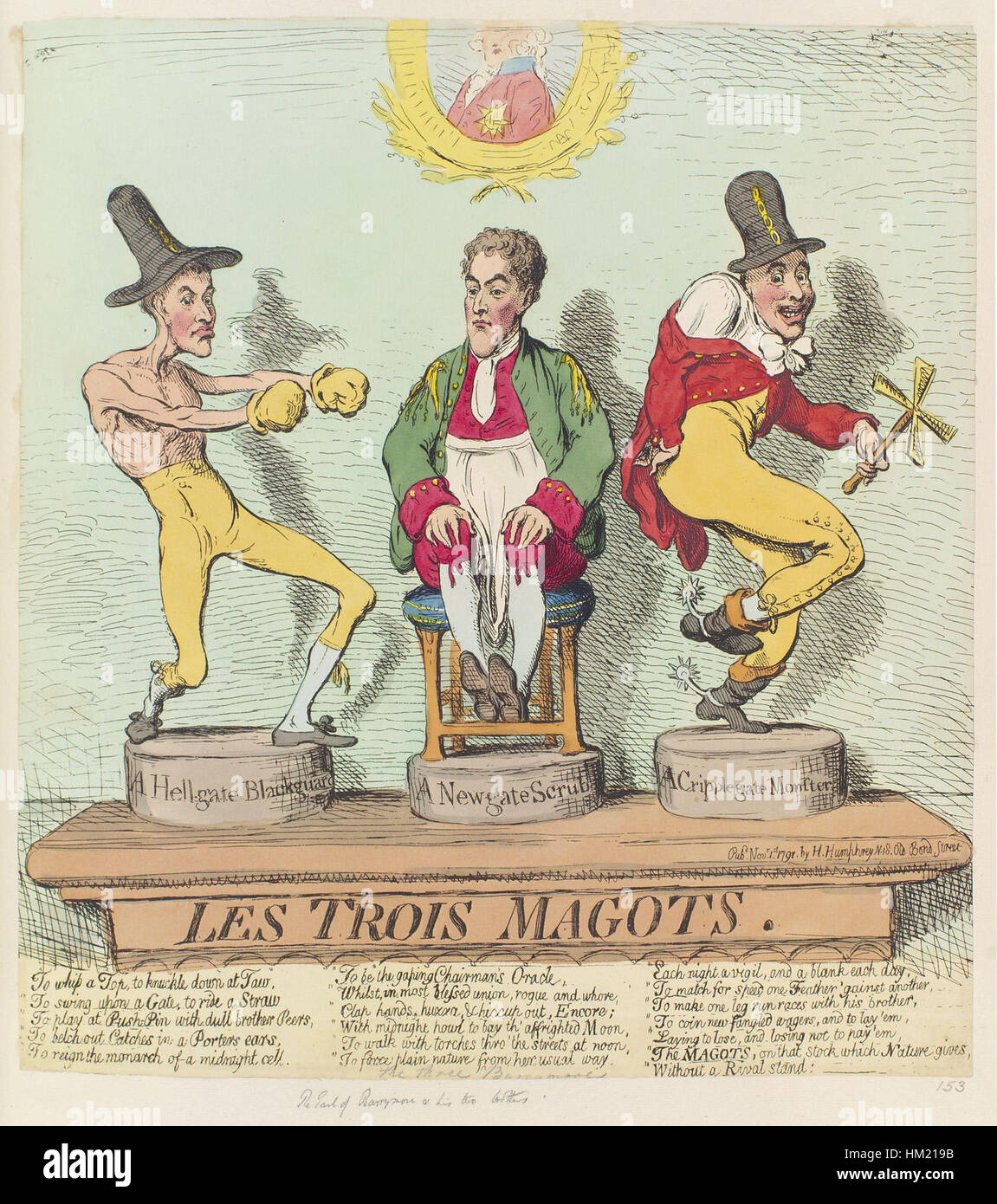 James Gillrays satirische Ätzung „Les Trois Magots“ zeigt auf humorvolle Weise politische Persönlichkeiten der Zeit und konzentriert sich durch übertriebene Karikaturen auf gesellschaftliche und politische Satire. Dieser Druck fängt den Witz und den politischen Kommentar des Großbritannien des 18. Jahrhunderts ein. Stockfoto