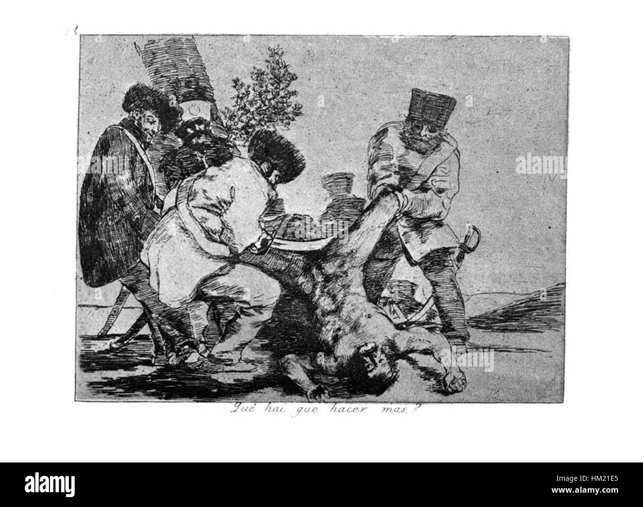 Goyas „Guerra (33)“ fängt die verheerenden Realitäten des Krieges ein und hebt die dunkle Interpretation von Gewalt und menschlichem Leid während des Konflikts hervor. Das Gemälde ist Teil seiner Serie über Kriegsgrausamkeiten. Stockfoto