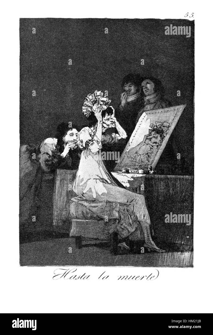 Caprichos (55) von Francisco Goya ist Teil einer Reihe satirischer Radierungen, die Themen der Sozialkritik, menschlichen Torheit und moralischen Korruption erforschen. Das Stück zeigt Goyas unverkennbaren Stil, der von dunklem Humor und starken Kontrasten geprägt ist. Stockfoto