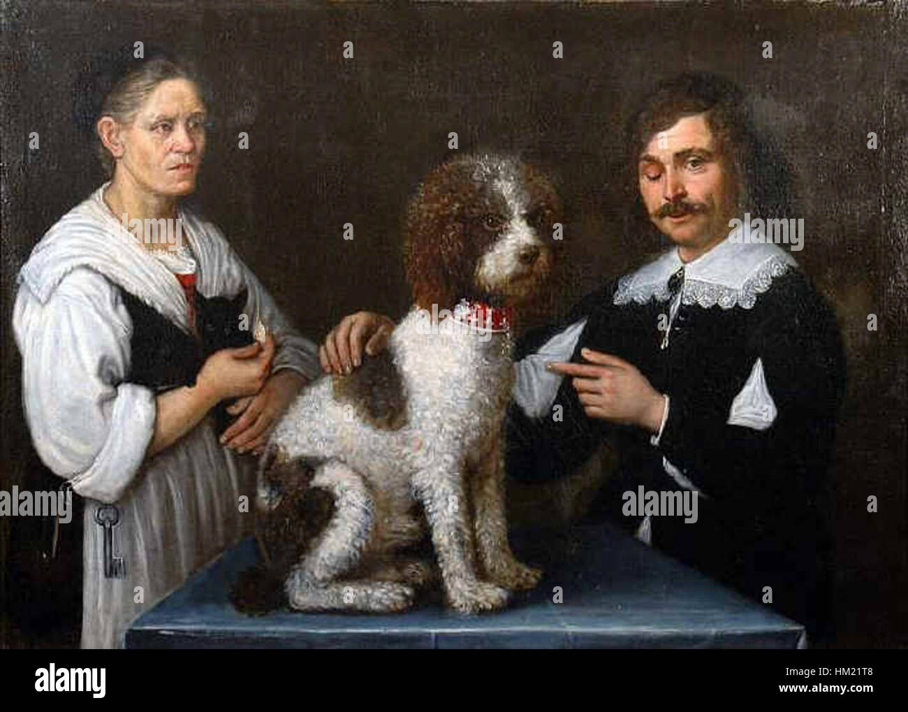 Dieses Gemälde von Guercino stellt eine Figur mit einem Hund dar, die die Beherrschung realistischer Details und emotionaler Tiefe des Künstlers im 17. Jahrhundert widerspiegelt. Die Arbeit beleuchtet die Beziehung zwischen Mensch und Tier in einer naturalistischen Komposition. Stockfoto