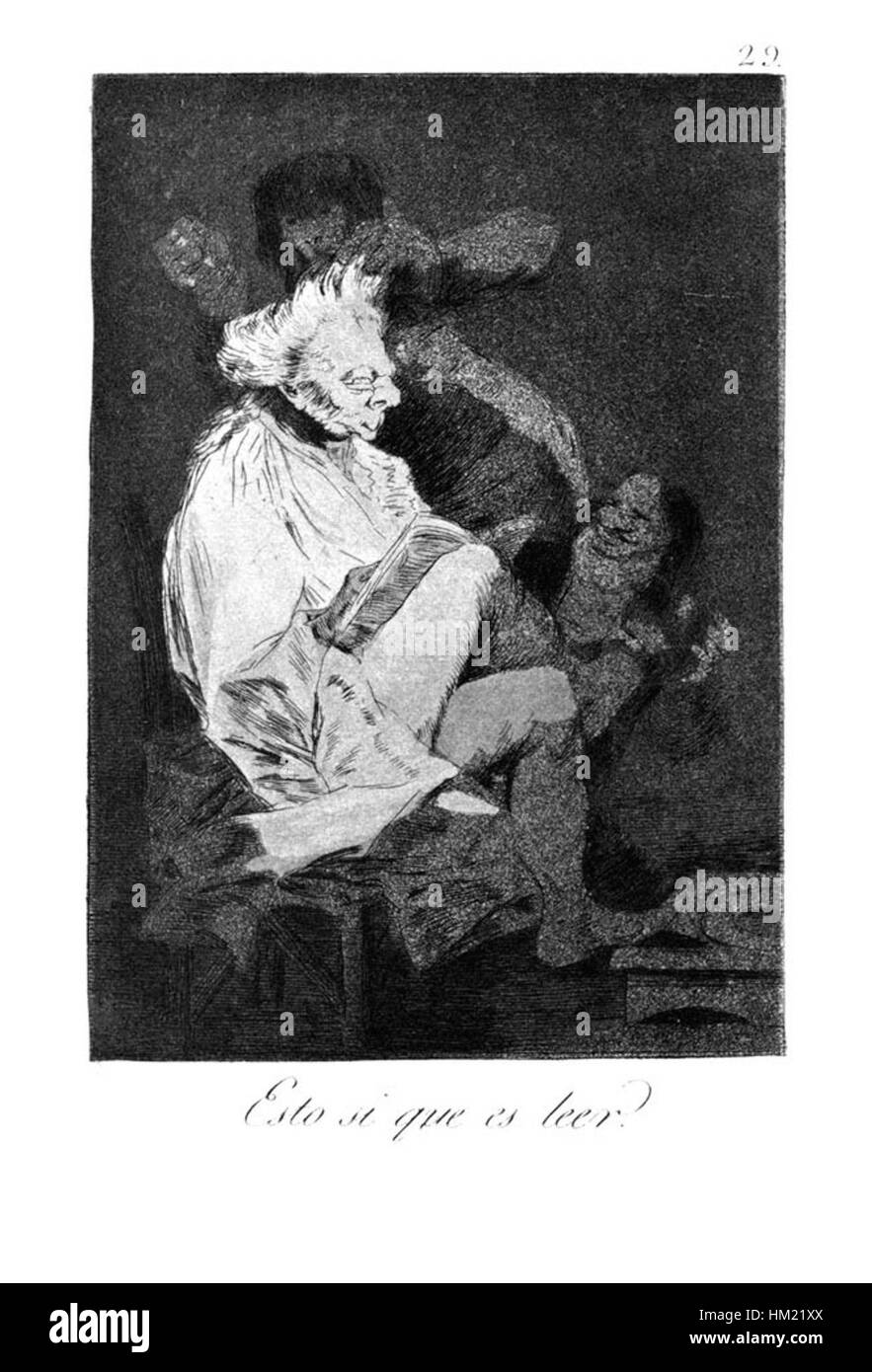 Francisco Goyas Caprichos (29) ist Teil seiner berühmten Serie, die soziale Kommentare und die menschliche Natur durch ausdrucksstarke, satirische Bilder hervorhebt. Das Gemälde verwendet Kunsttechniken, um eine tiefe, historische Erzählung zu vermitteln. Stockfoto