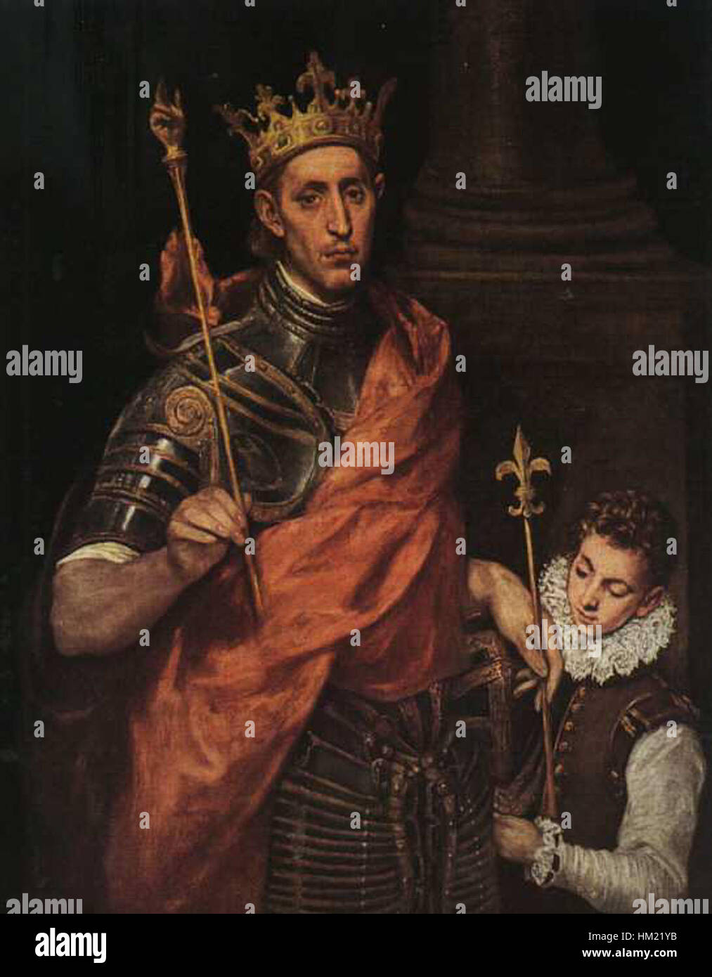 Das Gemälde mit dem Titel „Greco Ludwig IX.“ ist ein historisches Stück, das König Ludwig IX. Darstellt, auch bekannt als Saint Louis von Frankreich. Dieses Kunstwerk veranschaulicht Grecos einzigartigen Stil, indem es religiöse und königliche Ikonographie kombiniert, um die Hingabe und Führung des Königs darzustellen. Stockfoto