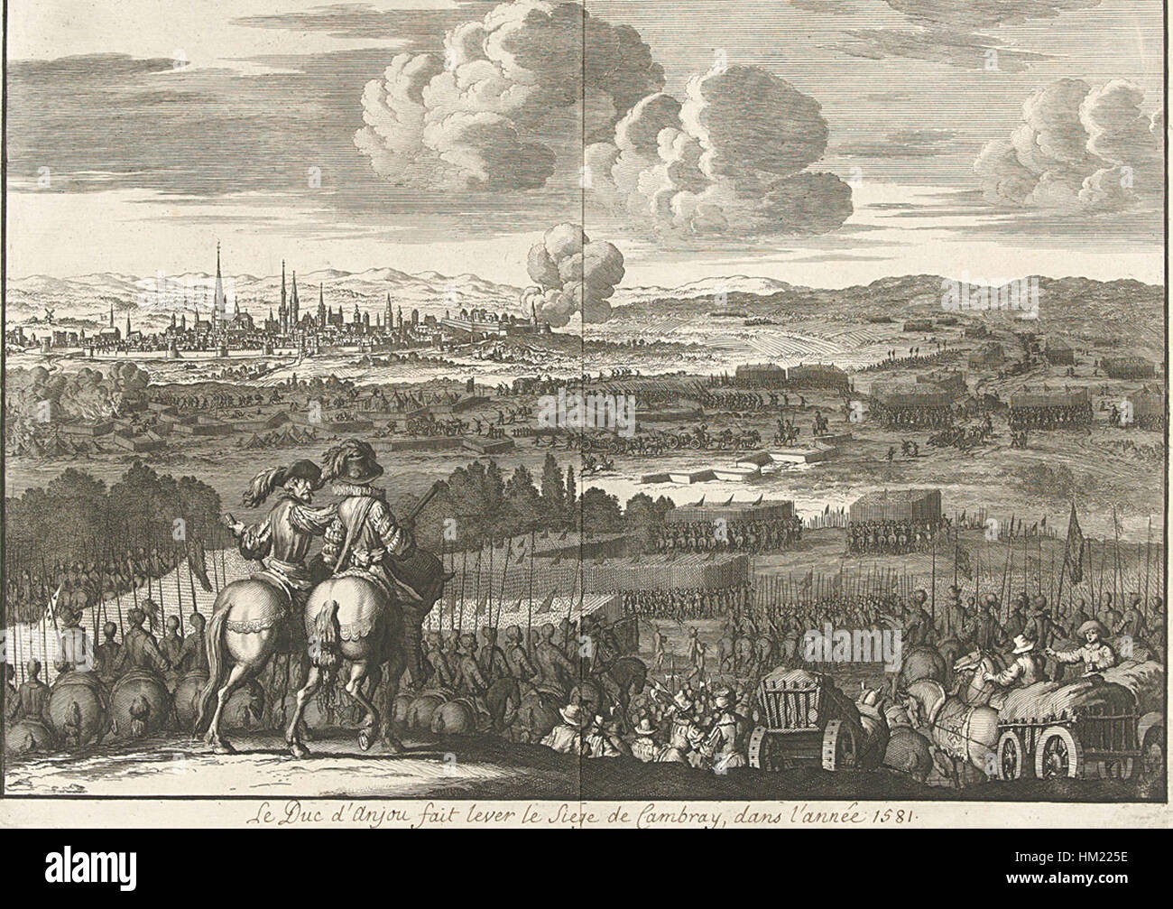 „Het ontzet van Kamerijk door de hertog van Anjou, 1581“ von Jan Luyken ist ein historischer Stich, der das Relief der Belagerung von Cambrai durch den Herzog von Anjou darstellt. Die Gravur ist Teil einer Serie, die zwischen 1678 und 1680 entstanden ist. Stockfoto