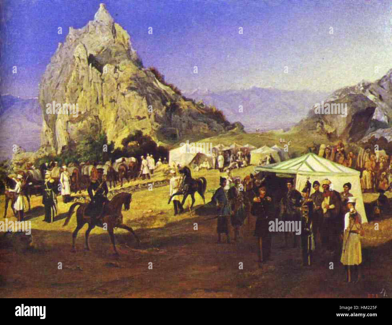 Ein Kunstwerk aus dem Jahr 1841, das die militärischen Führer Grigori Gagarin, Kachetis, Karagachi und Nischgorod Dragoner-Regiment darstellt und die russische Militärgeschichte des 19. Jahrhunderts widerspiegelt. Stockfoto