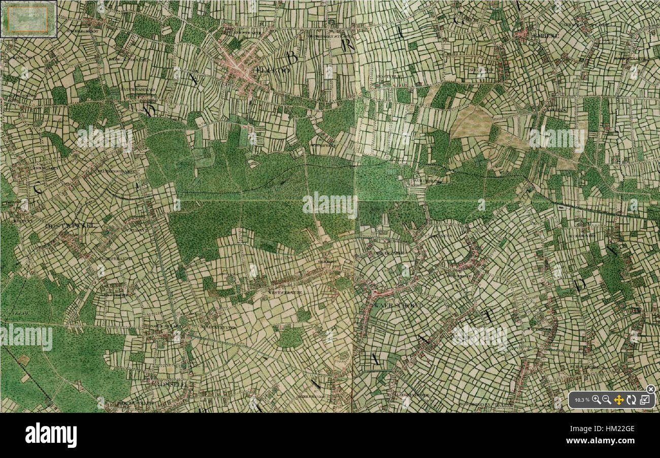 Das Gemälde „Het Leen-Lembeekse Bossen“ von Ferraris aus dem Jahr 1775 zeigt die natürliche Schönheit der belgischen Wälder. Das Werk hebt die Landschaft hervor und veranschaulicht das ruhige und üppige Grün, das für die Region im 18. Jahrhundert charakteristisch ist. Stockfoto