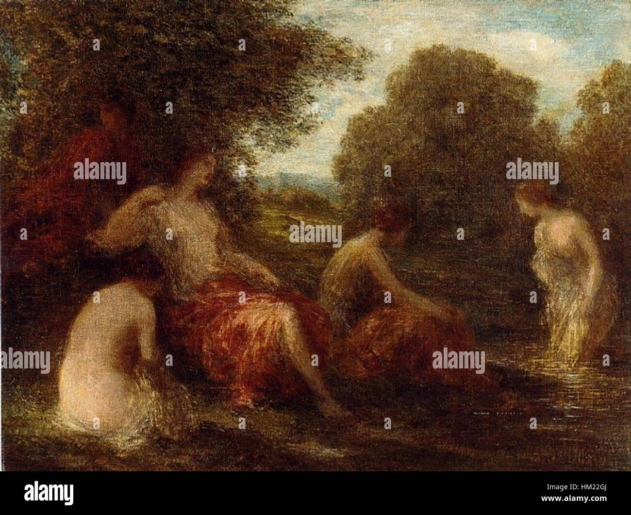 Henri Fantin-Latours „Diana und ihre Mägde“ ist ein Ölgemälde, das die römische Göttin Diana mit ihren Dienern darstellt. Das Werk zeigt Fantin-Latours charakteristische Liebe zum Detail und die heitere Darstellung mythologischer Themen. Das Gemälde reflektiert historische künstlerische Traditionen mit einem Fokus auf klassische Themen und raffinierte Ausführung. Stockfoto