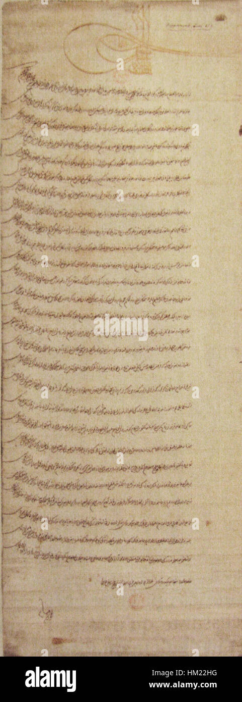 Dieser historische Brief von Sultan Suleiman I. an König Franz I. von Frankreich beschreibt die Belagerung von Nizza im Jahr 1543. Der Brief gibt einen Einblick in die politischen und militärischen Strategien während der Zeit der osmanisch-französischen Allianz. Stockfoto