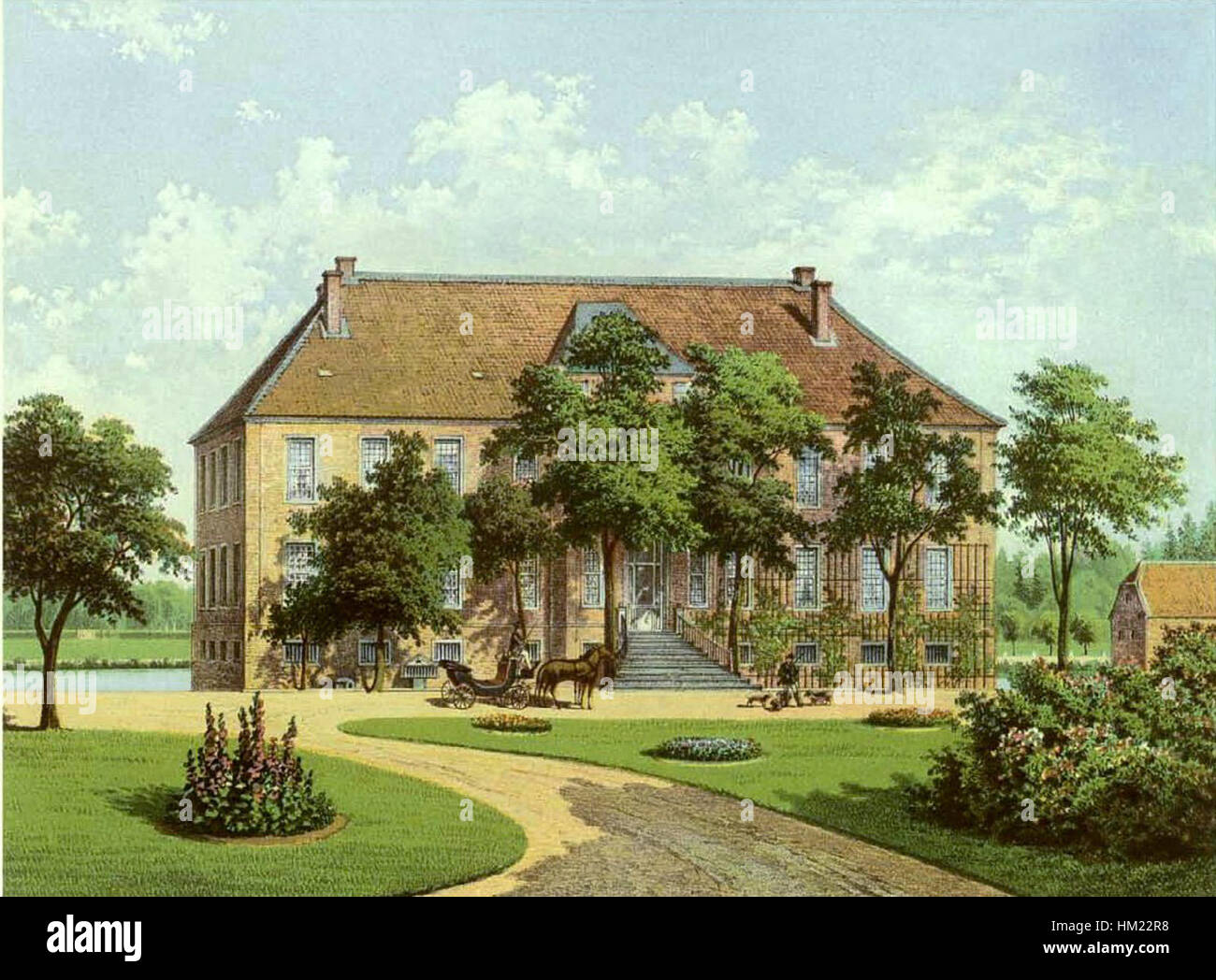 Dieses Gemälde aus der Sammlung Duncker zeigt das Haus Uentrop und zeigt seine architektonischen Merkmale und den künstlerischen Stil der Zeit. Das Werk ist Teil der historischen Kunstsammlung und repräsentiert ein Stück kulturelles Erbe. Stockfoto