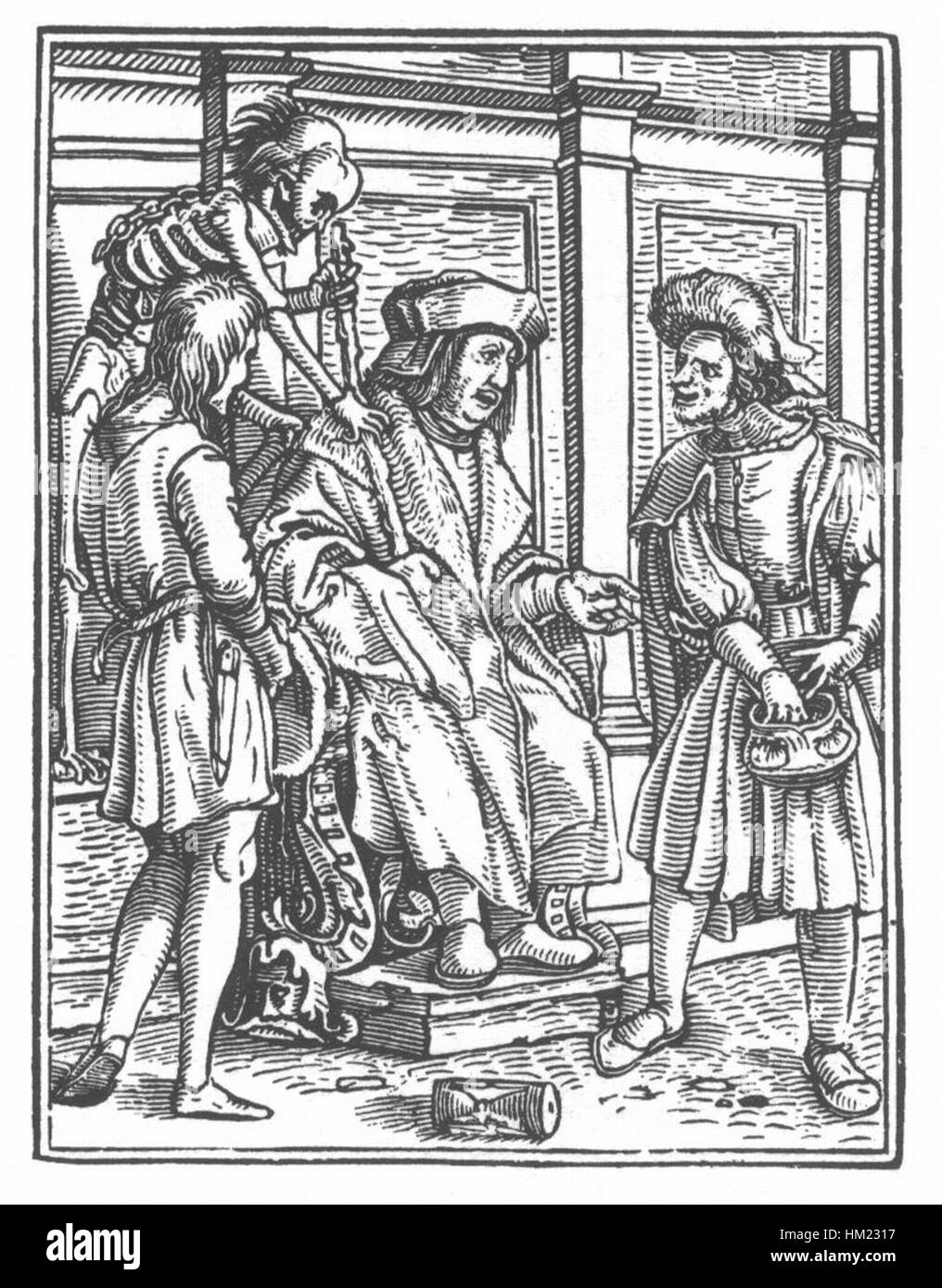 Ein Gemälde von Hans Holbein aus dem 16. Jahrhundert mit dem Titel „Danse Macabre“, das eine symbolische Darstellung des Todes und des menschlichen Zustandes zeigt. Diese Arbeit ist Teil von Holbeins Erforschung von Sterblichkeit, religiösen Themen und sozialen Kommentaren. Stockfoto