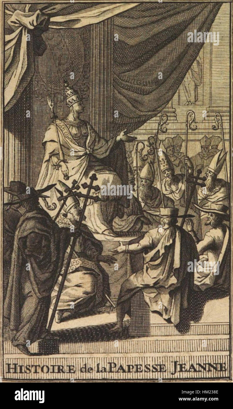 * Histoire de la Papesse Jeanne * beschreibt die legendäre Geschichte von Papst Joan, einer Frau, die sich angeblich als Mann verkleidet hat, um Papst zu werden. Dieses Kunstwerk beschäftigt sich mit Themen wie Geschlecht, Macht und historischen Mythen. Stockfoto