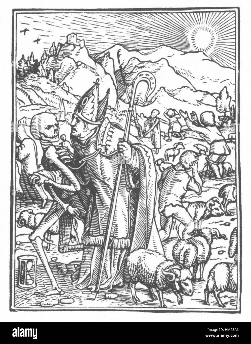 Eine Vintage-Darstellung der „Danse Macabre“ von Hans Holbein, die das allegorische Thema der Präsenz des Todes in verschiedenen menschlichen Figuren darstellt. Diese Arbeit zeigt Holbeins unverwechselbaren Stil, in dem er komplizierte Details, historische Motive und dramatische Kontraste der menschlichen Sterblichkeit einfängt. Stockfoto