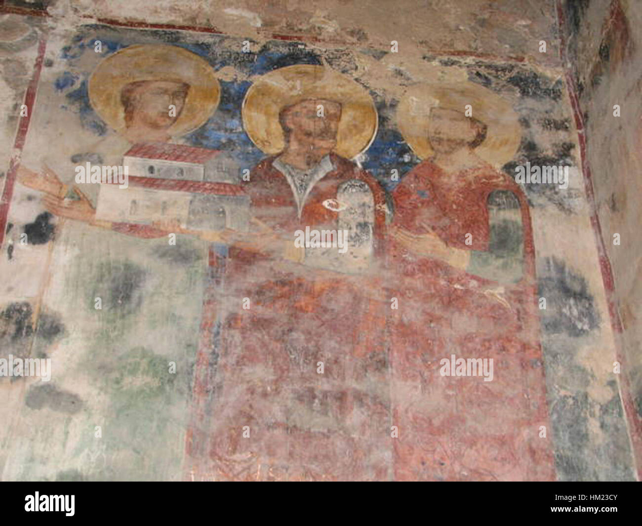 Das Fresko Nekresi von Leon & Tinatin zeigt frühmittelalterliche religiöse Themen mit lebendigen Bildern und symbolischen Motiven, die den künstlerischen Stil der Region im 9. Jahrhundert widerspiegeln. Stockfoto