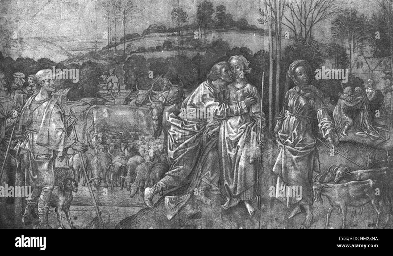 Hugo van der Goes’ Gemälde „Jacob and Rachel“ zeigt die biblische Szene, in der Jakob Rachel traf. Das Werk fängt die emotionale Tiefe des Augenblicks ein und verbindet religiöse Themen mit Realismus und Detail der Renaissance. Stockfoto