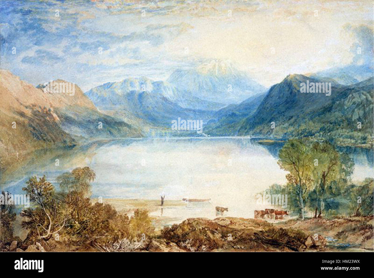 „Ullswater from Gobarrow Park“ von J.M.W. Turner zeigt die ruhige Schönheit des Ullswater Lake im englischen Lake District. Das Ölgemälde unterstreicht Turners meisterhafte Verwendung von Licht und Farbe, um die atmosphärischen Effekte der natürlichen Landschaft einzufangen. Stockfoto
