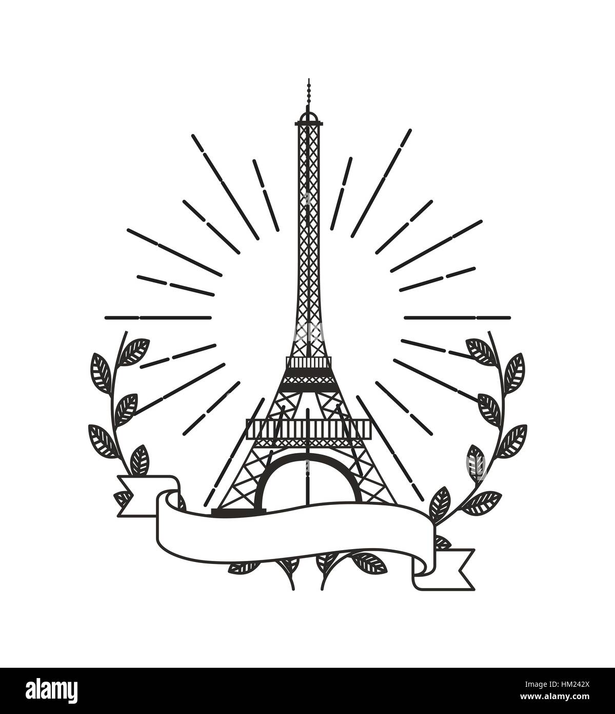 Eiffel Turm Symbol mit dekorativen Kranz von verlässt und Band auf weißem Hintergrund. Vektor-illustration Stock Vektor