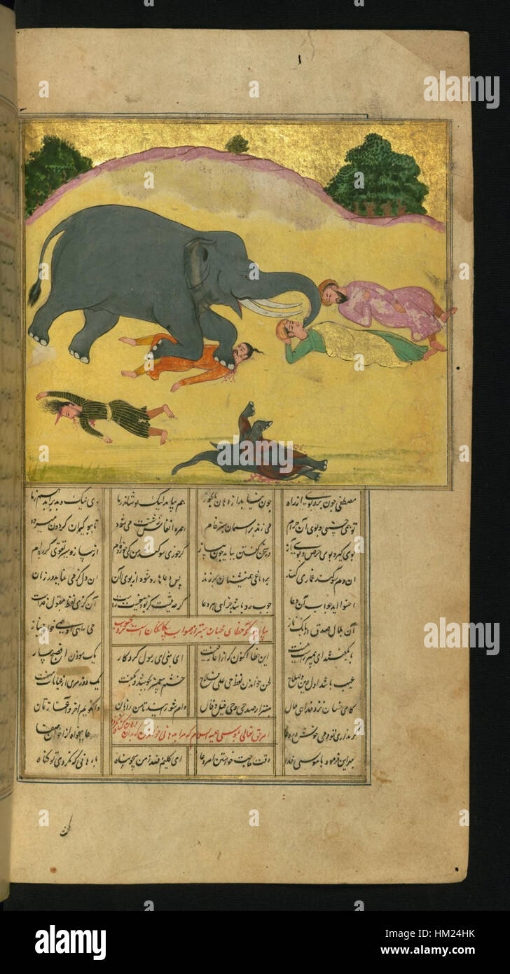 Dieses ganzseitige Kunstwerk von Jalal al-DIN Rumi zeigt eine mächtige Szene, in der eine Elefantenmutter den Tod ihres Jungen rächt und die Männer zerschmettert, die es getötet haben. Das Gemälde fängt intensive Emotionen und dramatische Elemente ein und zeigt das Thema Gerechtigkeit und Rache auf visuell eindrucksvolle Weise. Stockfoto