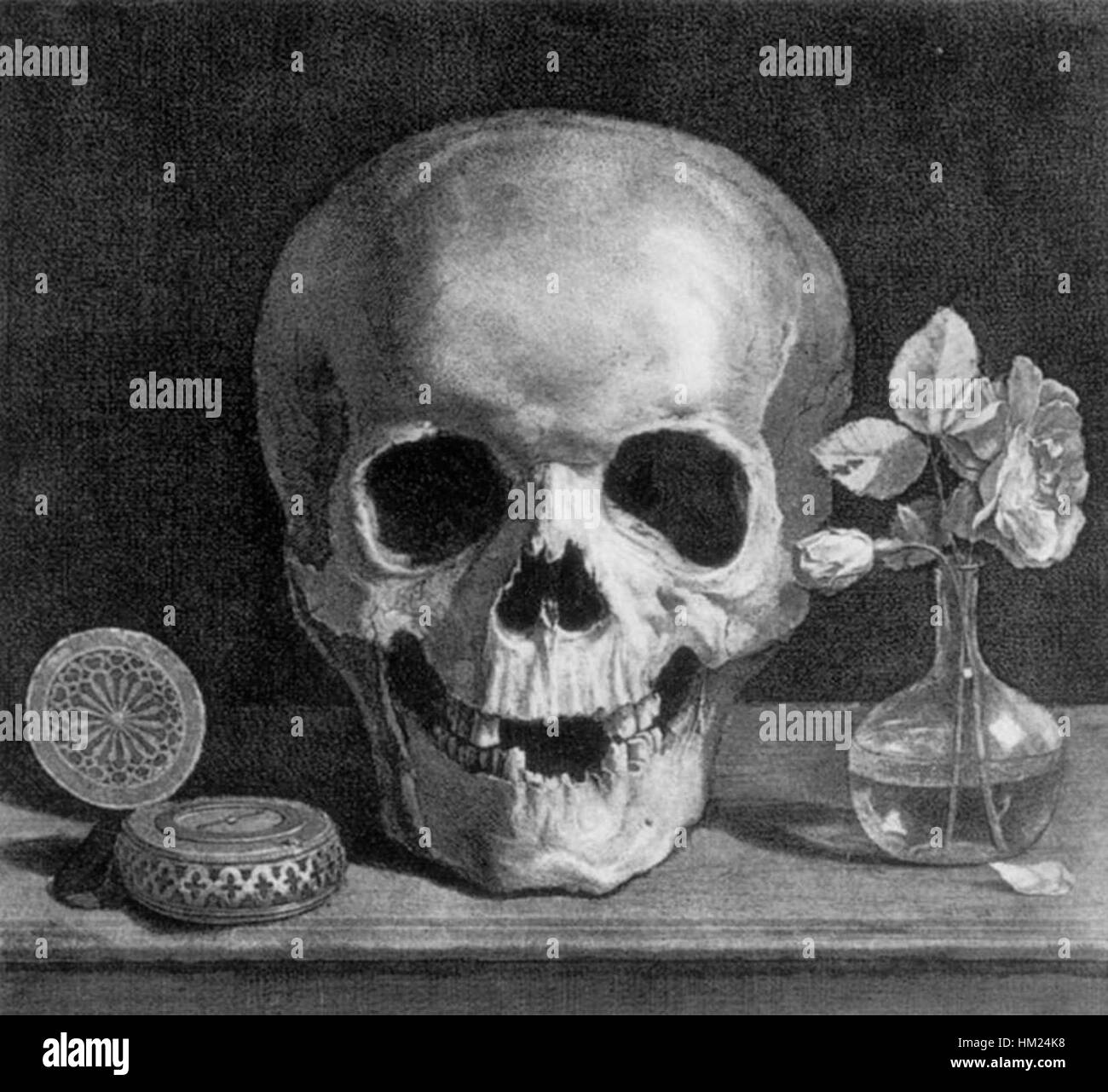 „Memento Mori“ von Jean Morin ist ein Stillleben aus dem 17. Jahrhundert, das als Erinnerung an die Sterblichkeit dient und durch symbolische Objekte wie Schädel und verfallende Gegenstände dargestellt wird. Das Werk spiegelt die Faszination des Barock für die Vergänglichkeit des Lebens wider. Stockfoto