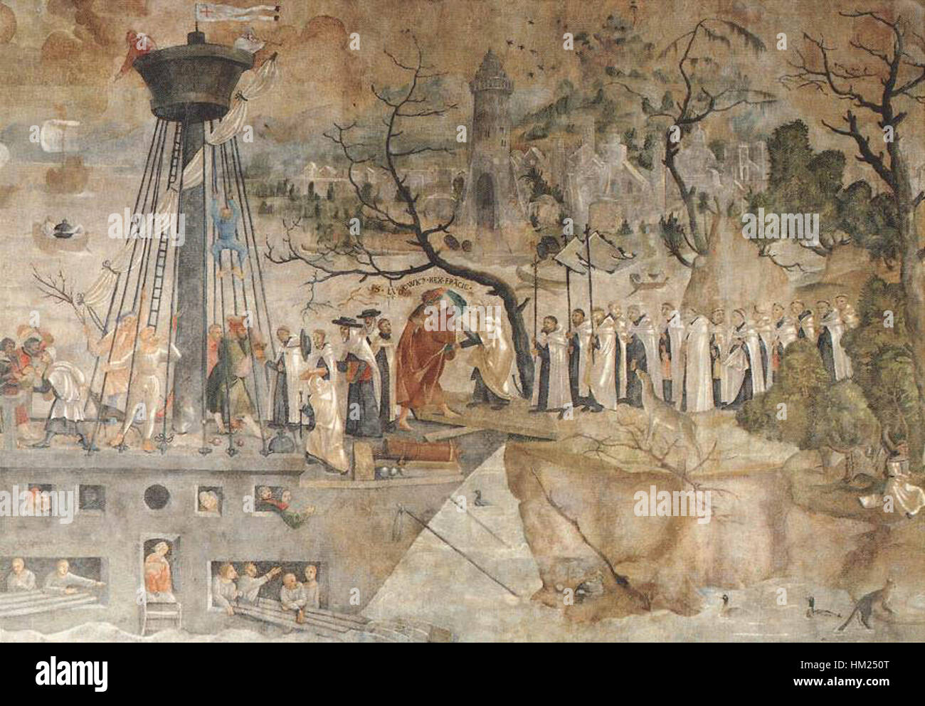 Jerg Ratgebs Gemälde aus dem 15. Jahrhundert zeigt die Karmeliten und König St. Louis im Jahr 1248. Das Kunstwerk ist eine wichtige historische Darstellung religiöser und königlicher Figuren im mittelalterlichen Europa. Stockfoto