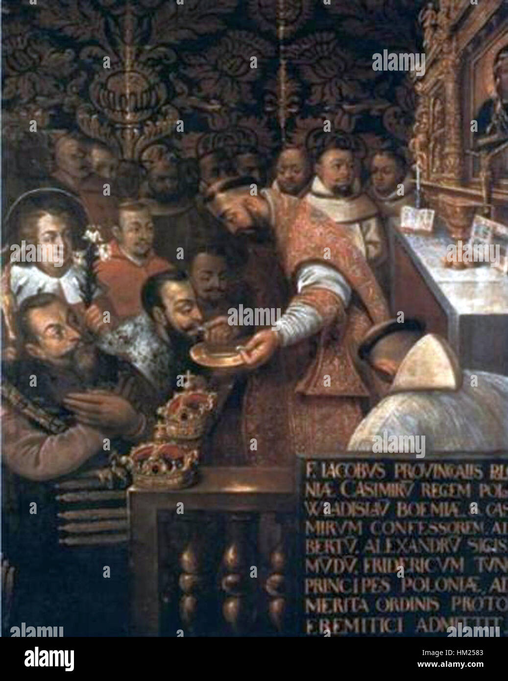 Dieses Gemälde zeigt König Sigismund III. Vasa kniend vor der verehrten Schwarzen Madonna von Tschenstochau, einem bedeutenden religiösen und kulturellen Symbol in Polen. Das Werk fängt die Festlichkeit und Hingabe des Königs ein und spiegelt die historische Verbindung zwischen polnischem Königtum und Katholizismus wider. Stockfoto
