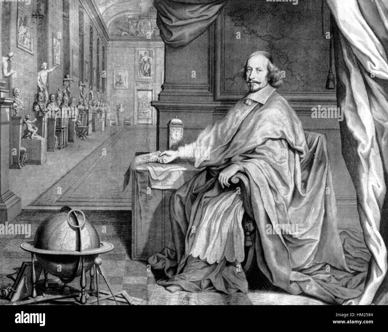 Ein Ölporträt von Kardinal Jules Mazarin, geschaffen vom Künstler Nanteuil. Das Gemälde fängt die würdevolle und mächtige Präsenz von Mazarin ein, einer Schlüsselfigur in der französischen Politik und Kunst des 17. Jahrhunderts. Stockfoto