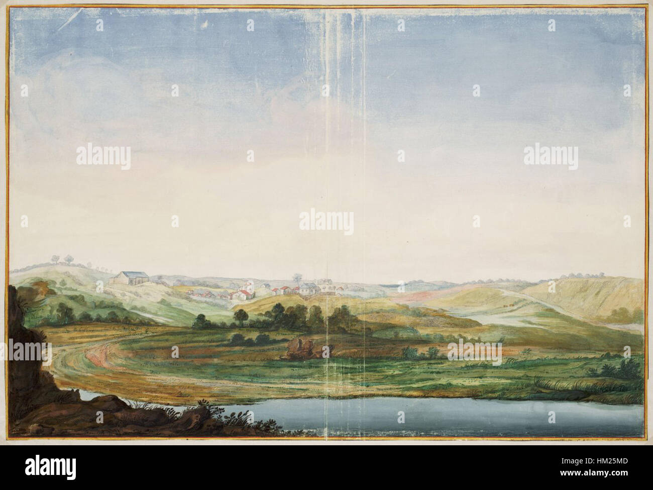 Ein Gemälde von Johannes Vingboons aus dem Jahr 1665 mit dem Titel „Gezicht op Serinhaim“ (Ansicht von Serinhaem). Das Kunstwerk zeigt die Küstenlandschaft von Serinhaem und zeigt Vingboons detaillierte Darstellung der niederländischen Kolonialarchitektur und Landschaft. Stockfoto