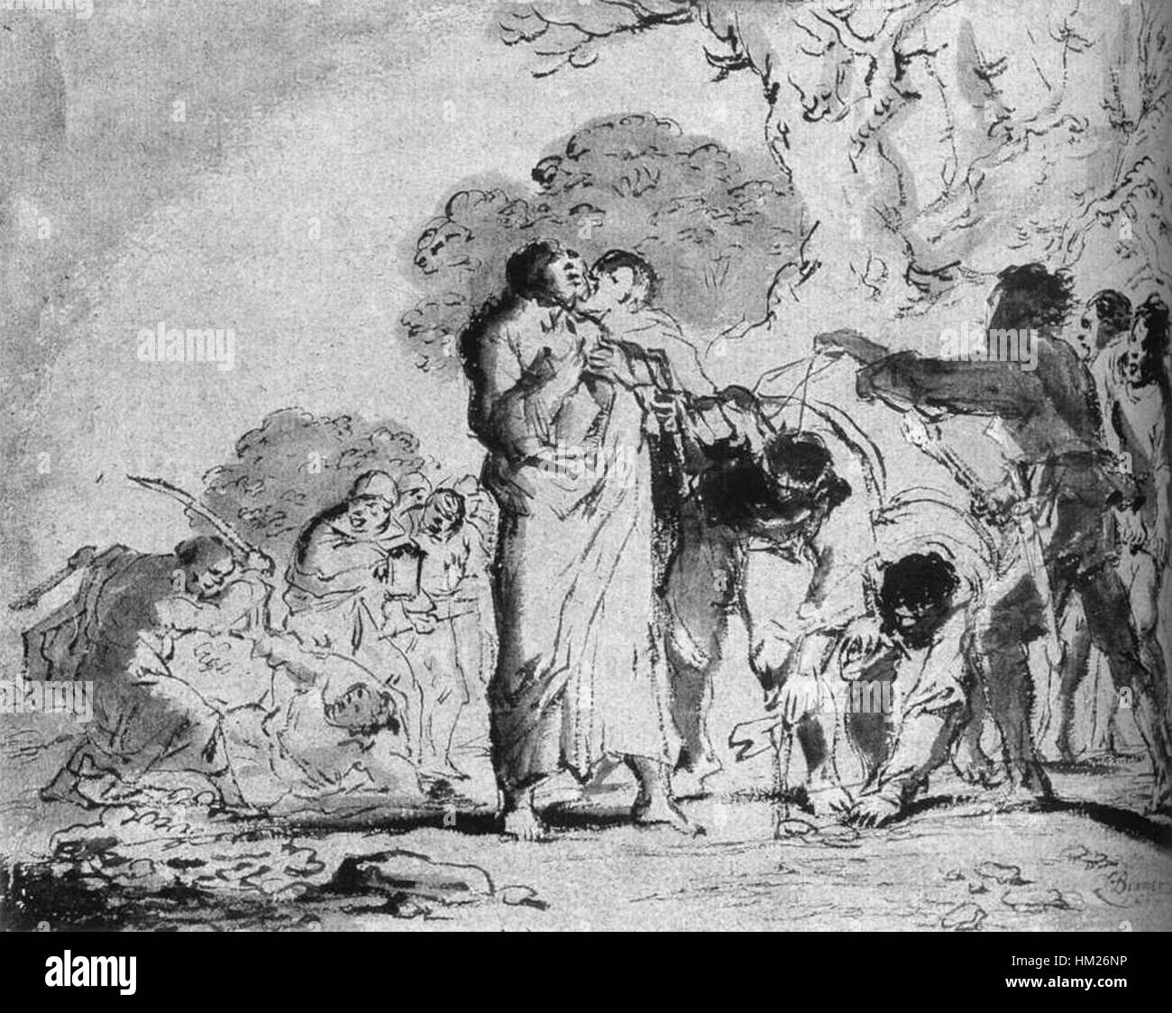 * Der Verrat an Christus*, gemalt von Leonaert Bramer, zeigt den dramatischen Moment von Judas' Verrat an Jesus im Garten Gethsemane. Bramers Einsatz von Licht und Schatten verstärkt die emotionale Intensität der Szene und konzentriert sich dabei auf die Spannung und den Verrat, die im Mittelpunkt der Erzählung stehen. Dieses Ölgemälde ist ein bemerkenswertes Beispiel für barocke religiöse Kunst, die den Moment mit dramatischem Realismus und religiöser Bedeutung einfängt. Stockfoto