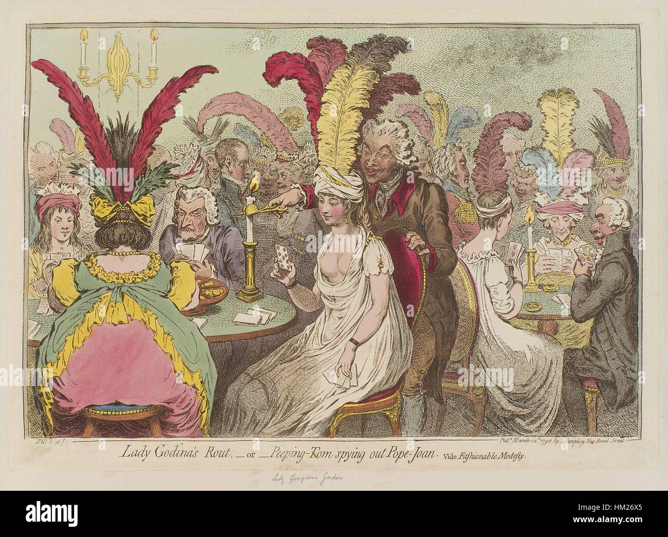 Diese satirische Ätzung von James Gillray mit dem Titel „Peeping-Tom Spiying Out Pope-Joan“ stellt eine komödiantische und kontroverse Interpretation der Papst-Joan-Legende dar, die Humor und kritische soziale Kommentare verwendet, die im 18. Jahrhundert populär waren. Stockfoto