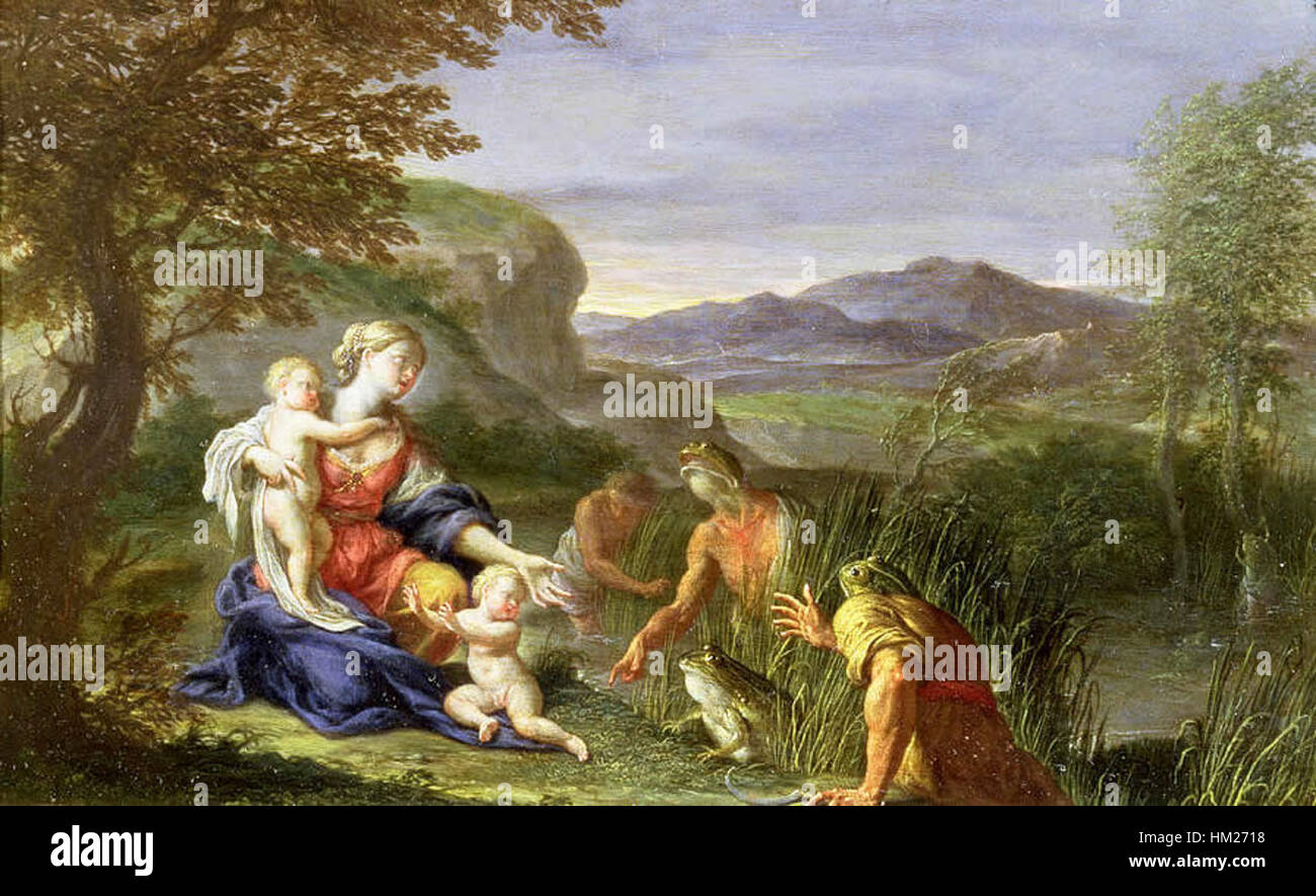 Latona und die Frösche, gemalt von Francesco Trevisani, ist eine mythologische Szene aus Ovids „Metamorphosen“. Es zeigt die Verwandlung von Fröschen in Stein als Strafe für die Verhöhnung der Göttin Latona. Stockfoto