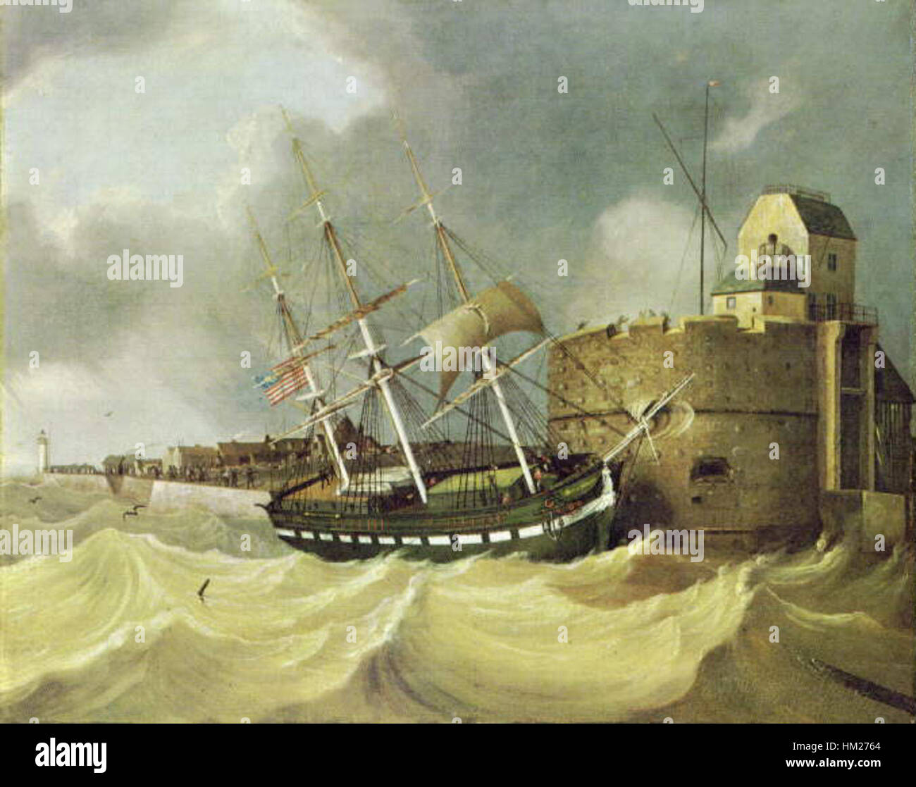 Das Gemälde „Ship Queen Victoria - A Close Call Incoming Le Havre“ von Henry fängt einen dramatischen Moment ein, während das Schiff die anspruchsvolle Einfahrt zum Hafen von Le Havre durchquert. Die detaillierte Darstellung des Künstlers unterstreicht die Majestät des Schiffes und die gefährlichen Bedingungen, denen Seeleute im 19. Jahrhundert ausgesetzt waren. Stockfoto