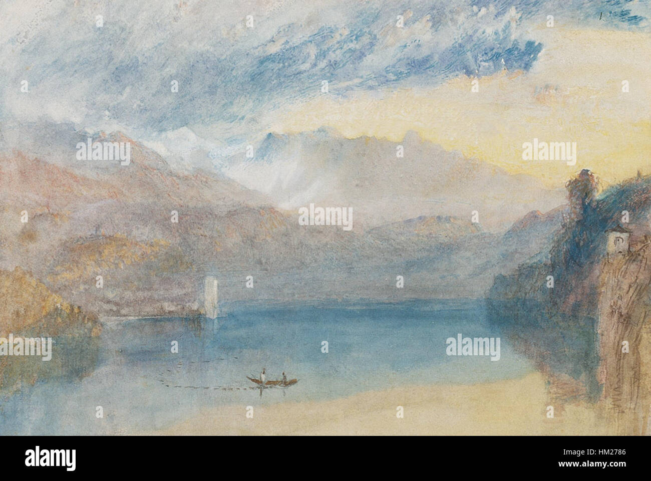 J.M.W. Turners Aquarellbild „der Sarner See, Abend“, das um 1842 entstand, fängt die ruhige Schönheit eines Sees bei Sonnenuntergang ein. Das Kunstwerk zeigt Turners Beherrschung von Licht- und atmosphärischen Effekten. Stockfoto