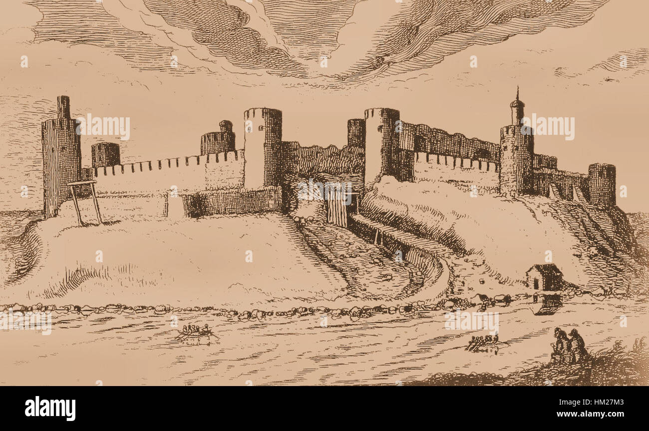 „Ivangorodin Linnoitus“ (Festung Ivangorod) ist eine detaillierte Darstellung der historischen Festung an der Grenze zwischen Russland und Estland. Das Gemälde zeigt die Verteidigungsbauten und die strategische Bedeutung der Festung. Stockfoto