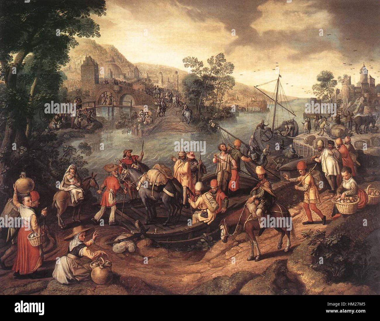 Joachim Beuckelaers „der Flug nach Ägypten“ schildert die Flucht der Heiligen Familie nach Ägypten. Das Gemälde fängt einen entscheidenden Moment in der christlichen Ikonographie ein und konzentriert sich auf die emotionale Reise der Familie durch eine detaillierte, realistische Landschaft. Stockfoto