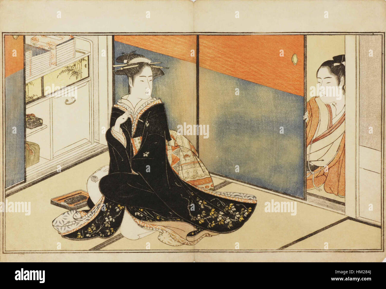 Katsukawa Shunshos „Haikaiyobukodori“ zeigt eine traditionelle japanische Szene, in der Vögel in einem Moment natürlicher Schönheit gefangen werden. Shunsho war bekannt für seine Ukiyo-e-Holzschnitte während der Edo-Zeit. Stockfoto