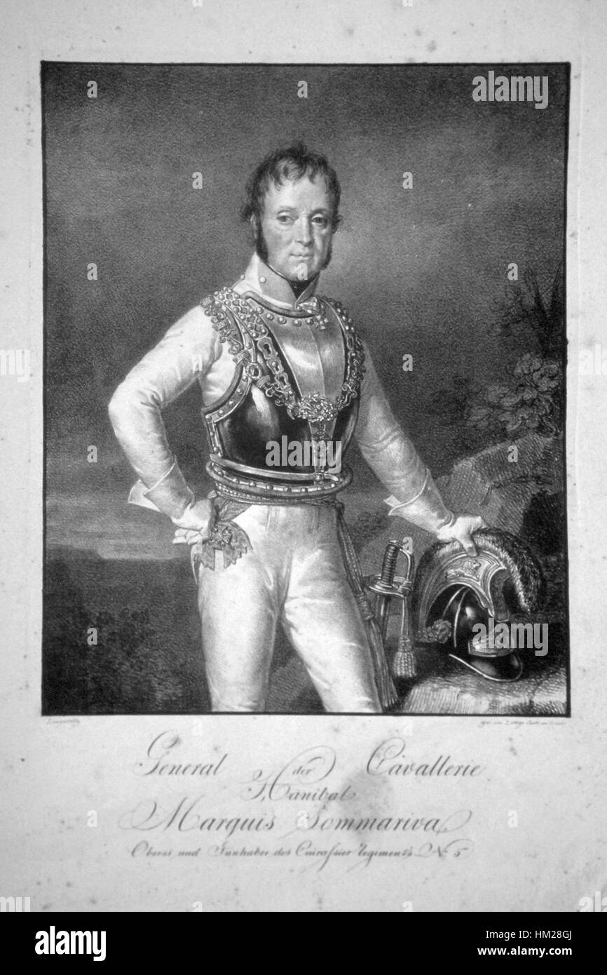 Eine Lithografie von Hannibal von Sommariva, die die historische Figur im Stil des 19. Jahrhunderts einfängt. Die Lithografie repräsentiert den detaillierten künstlerischen Ansatz der Zeit. Stockfoto