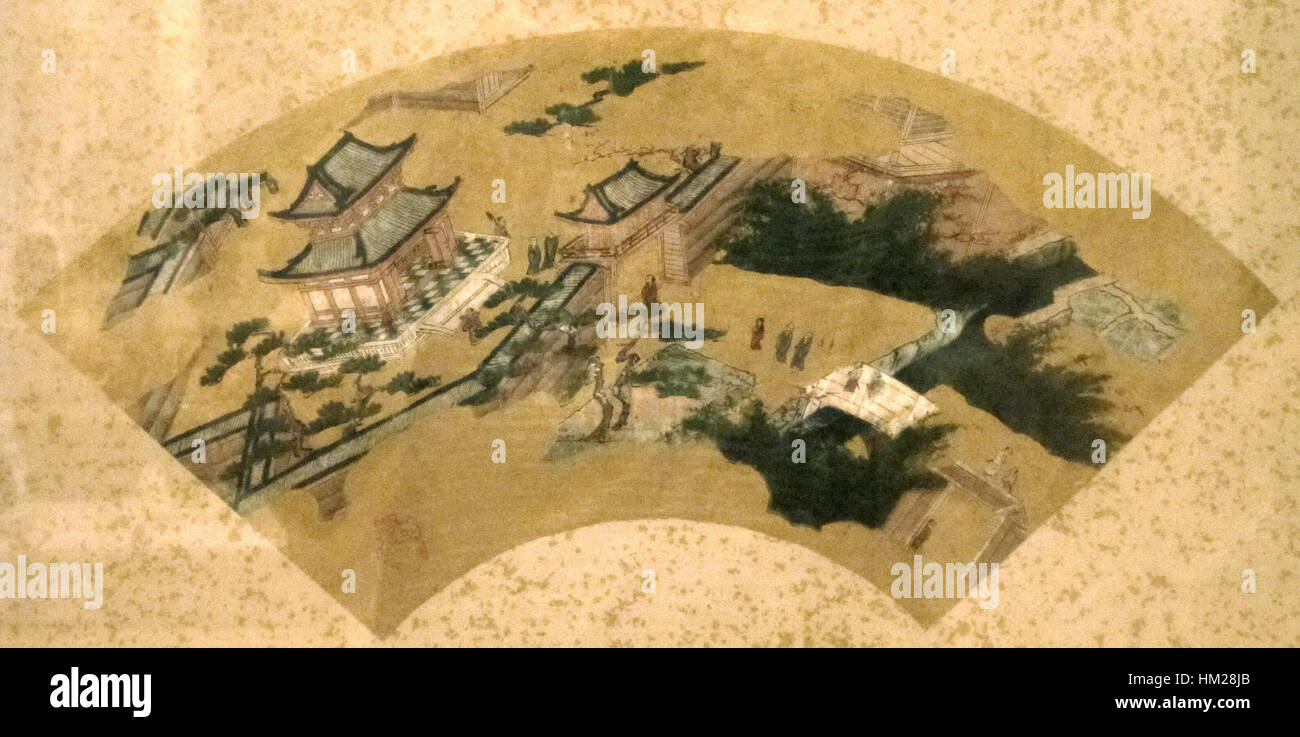 Dieses Fangemälde von Kano Motohide, das Ende des 16. Jahrhunderts in Japan geschaffen wurde, zeigt eine malerische Aussicht auf Kyoto. Motohide ist bekannt für seine Expertise in der japanischen Tintenmalerei und fängt die Schönheit der Landschaft von Kyoto mit komplizierten Pinselarbeiten und naturalistischen Details ein. Stockfoto