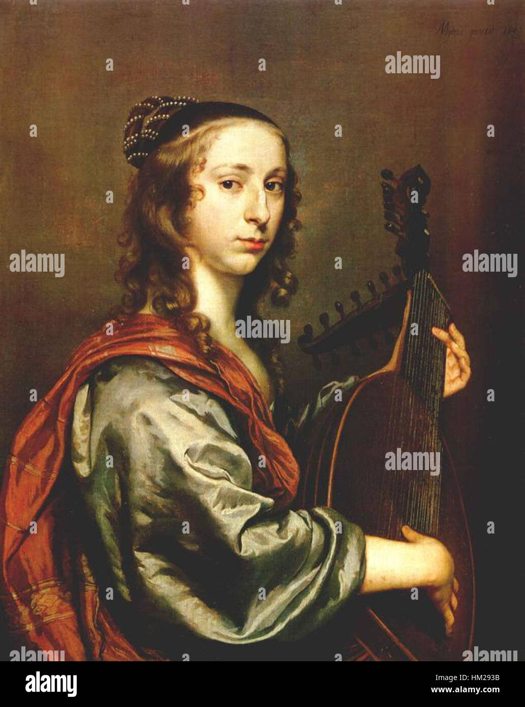 Johannes Mijtens’ „Lady Playing the Laute“ ist ein Porträt einer Frau, die sich mit dem Lautenspiel beschäftigt und die Eleganz der niederländischen Porträtmalerei des 17. Jahrhunderts mit feiner Aufmerksamkeit auf Kleidung, Haltung und Instrument einfängt. Stockfoto