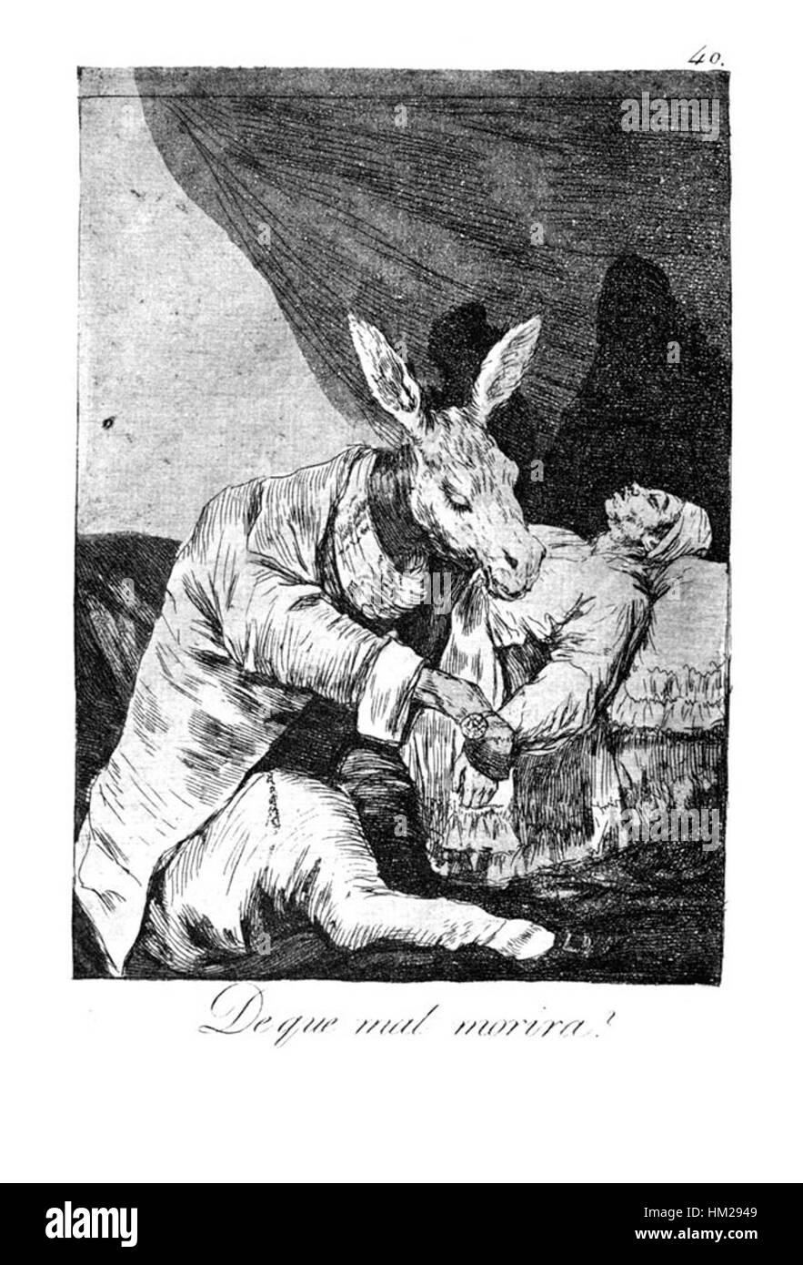 „Caprichos“ von Francisco de Goya ist eine Reihe satirischer Radierungen, die die spanische Gesellschaft kritisieren. Platte 40 zeigt eine Szene sozialer Ungerechtigkeit mit Goyas scharfen Kommentaren zur Moral und Politik seiner Zeit. Stockfoto