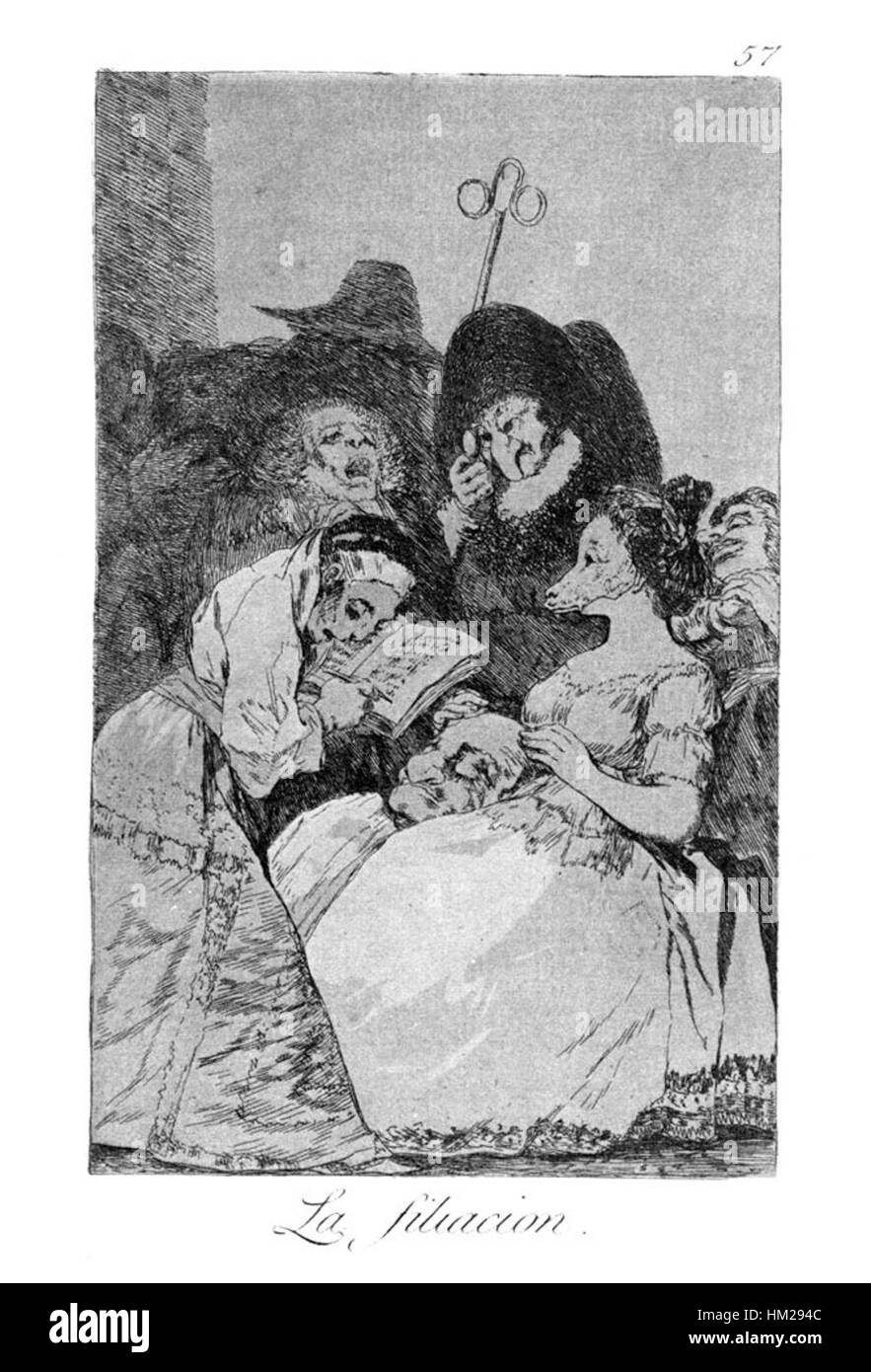 Francisco de Goyas „Caprichos“-Serie, einschließlich Platte 57, reflektiert seine Kommentare zur spanischen Gesellschaft und ihren moralischen Fragen. Die Serie ist bekannt für ihre satirischen, dunklen Themen und kritisiert gesellschaftliche Normen, Aberglaube und menschliche Torheit im späten 18. Jahrhundert. Stockfoto