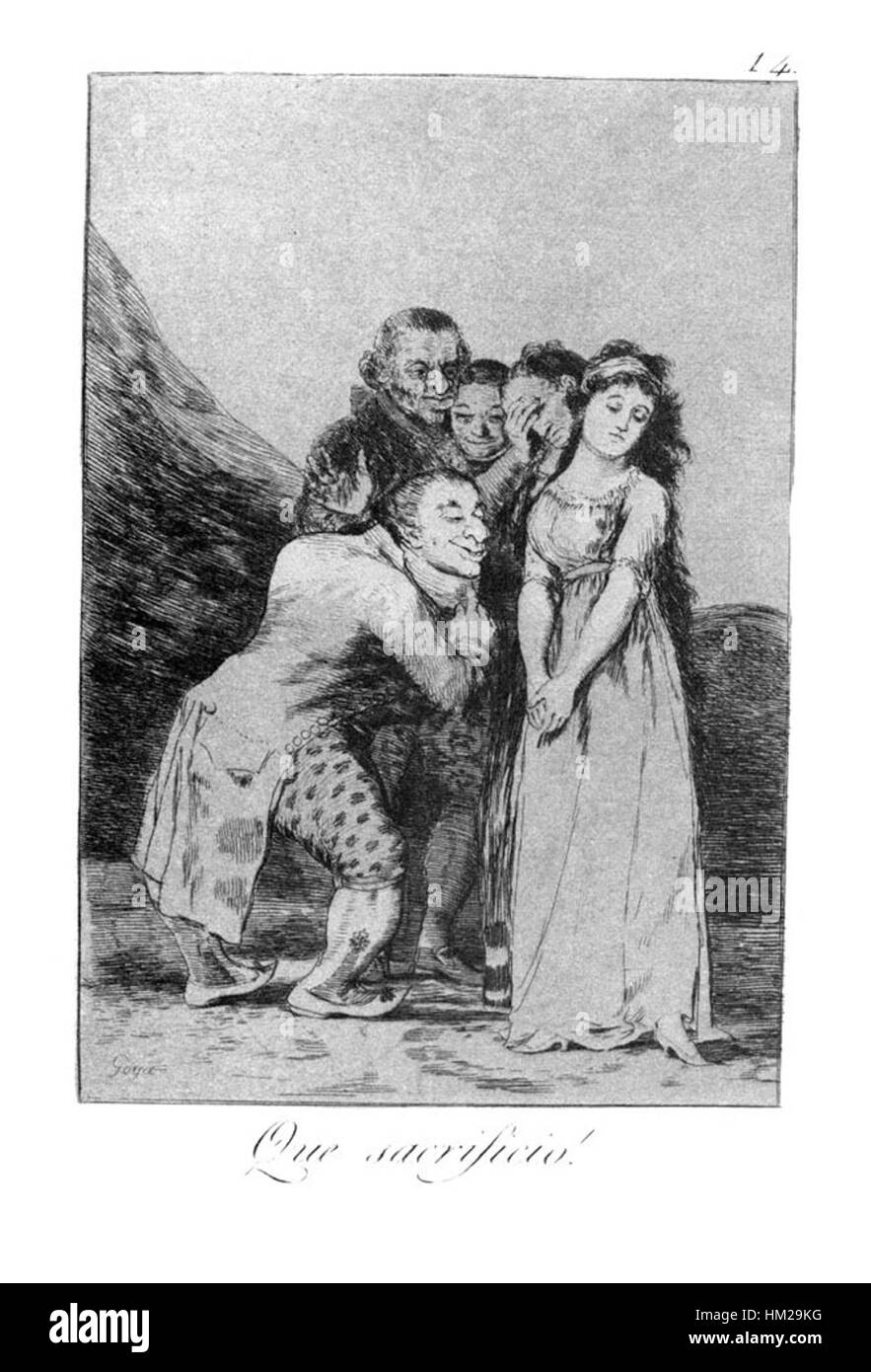 „Caprichos“ ist eine Serie von Radierungen von Francisco de Goya, in denen gesellschaftliche Missstände, Aberglauben und menschliche Torheit erforscht werden. Die 14. Ätzung, Teil der Serie, kritisiert die sozialen Normen und Praktiken von Goyas Zeit. Stockfoto