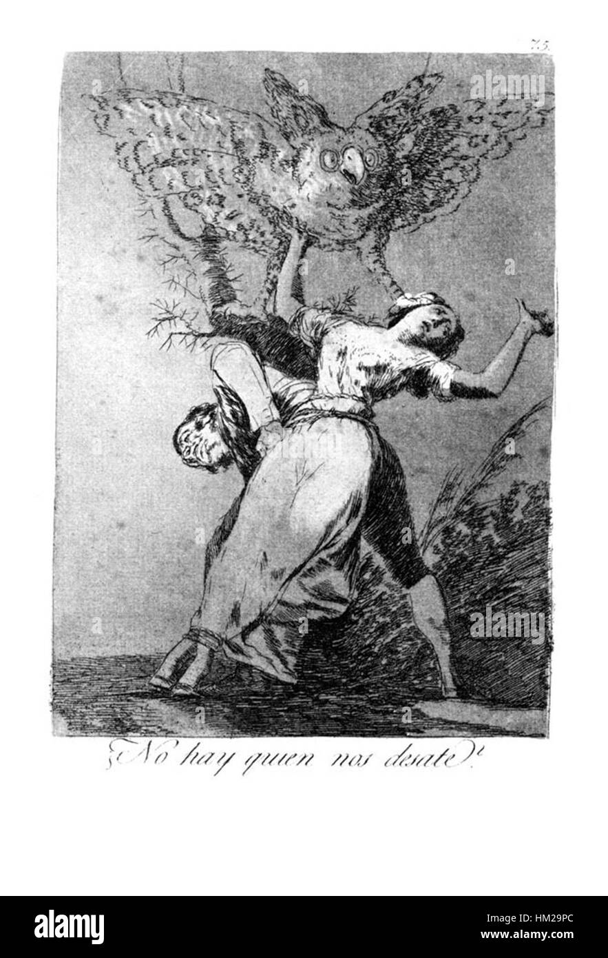 „Caprichos“ (75) ist eine von Francisco Goyas Radierungen aus seiner legendären Serie, die die spanische Gesellschaft kritisiert. Dieser spezielle Druck hebt Goyas düsteren Kommentar über die menschliche Natur hervor und konzentriert sich auf Themen wie Ignoranz, Korruption und moralischen Verfall im Kontext des Spaniens des 18. Jahrhunderts. Stockfoto