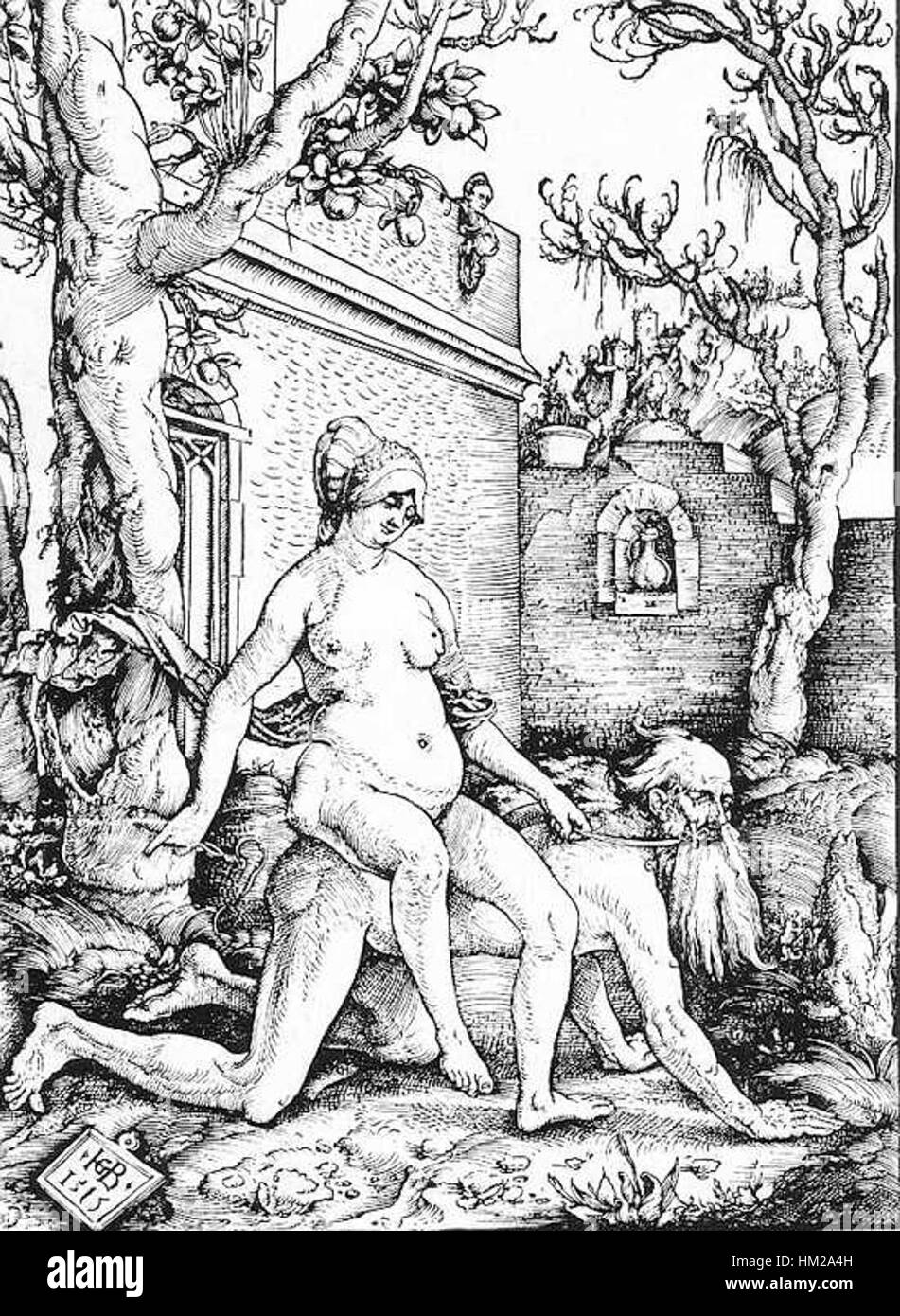 Dieses Gemälde von Hans Baldung aus dem 16. Jahrhundert zeigt die mythologische Szene von Aristoteles und Phyllis, ein allegorisches Werk, das Themen der Weisheit, des Begehrens und der Täuschung erforscht. Stockfoto