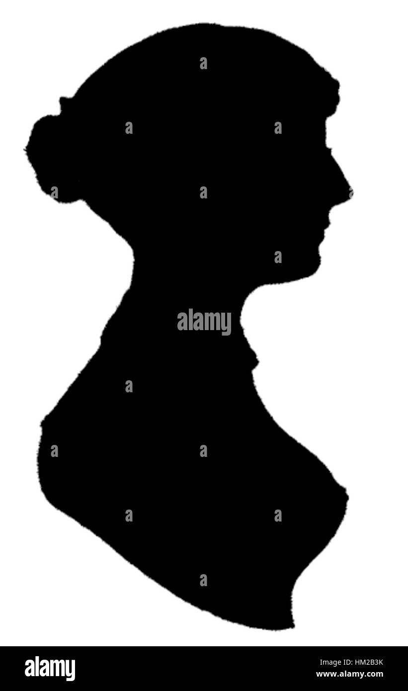 Ein Silhouettenporträt der berühmten Autorin Jane Austen, die ihr Profil einnimmt. Dieses Kunstwerk ist eine Darstellung der englischen Schriftstellerin, die für ihre literarischen Beiträge wie „Pride and Prejudice“ bekannt ist. Stockfoto Ein Silhouettenporträt der berühmten Autorin Jane Austen, die ihr Profil einnimmt. Dieses Kunstwerk ist eine Darstellung der englischen Schriftstellerin, die für ihre literarischen Beiträge wie „Pride and Prejudice“ bekannt ist. Stockfoto